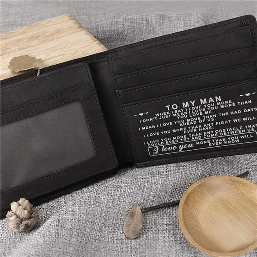 Personalized Leather Wallet For Man, Engraved RFID Blocking Bifold Stylish Black